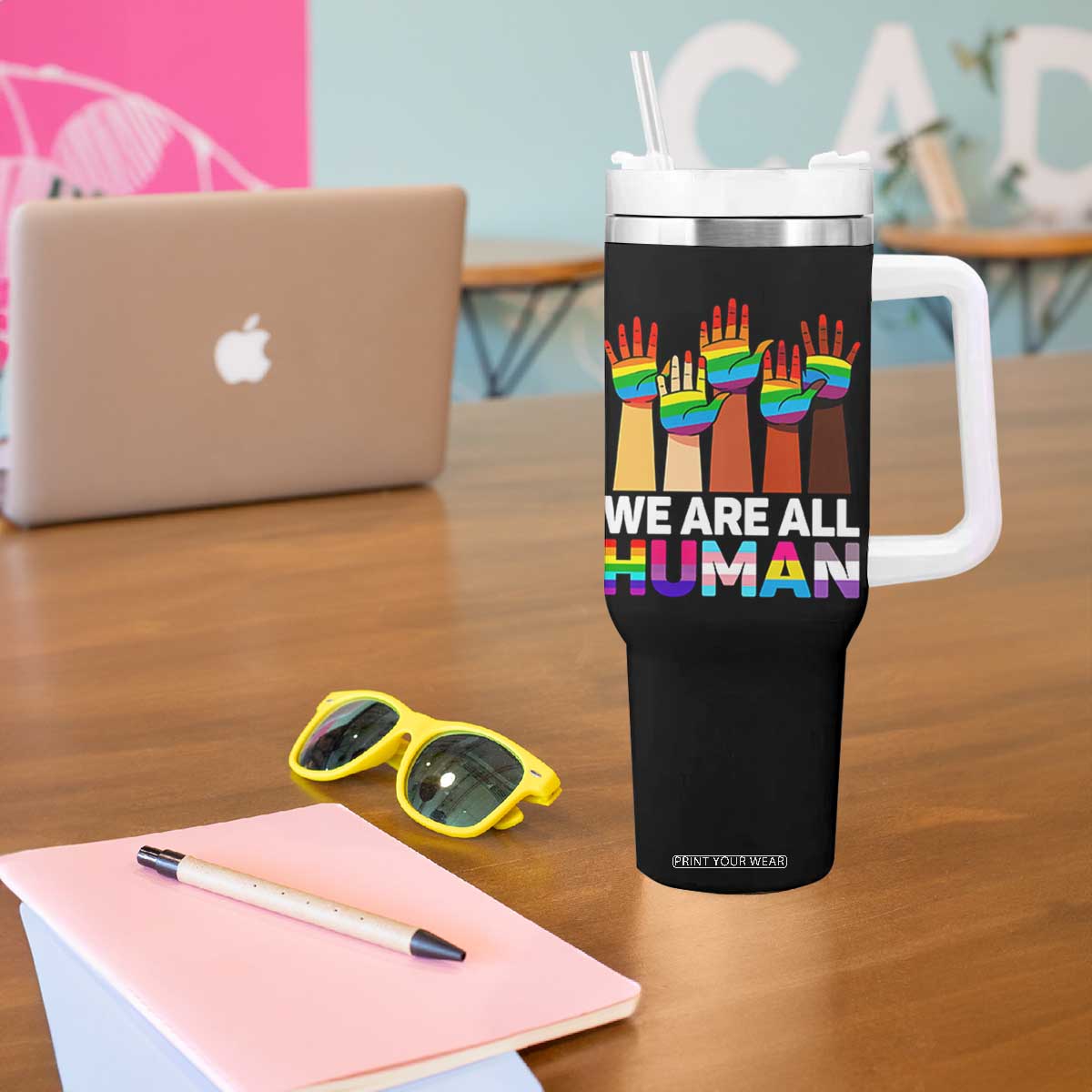 We Are All Human Rainbow Hands Tumbler With Handle LGBTQ+ Unity Equality Pride Month TS02 Print Your Wear
