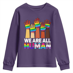 We Are All Human Rainbow Hands Youth Sweatshirt LGBTQ+ Unity Equality Pride Month TS02 Purple Print Your Wear