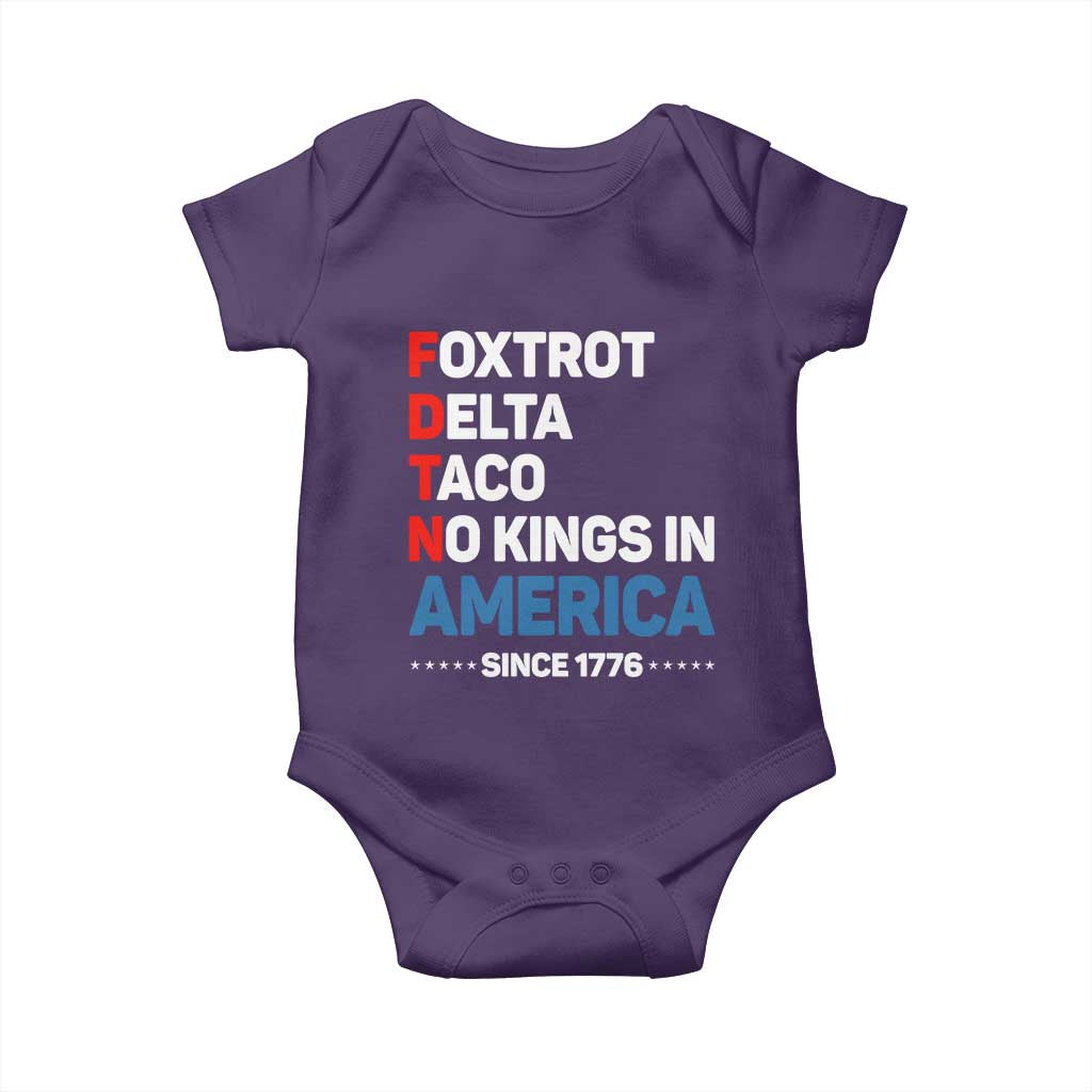 No Kings in America Since 1776 Baby Onesie Foxtrot Delta Taco Funny Patriotic Military Alphabet TS02 Purple Print Your Wear