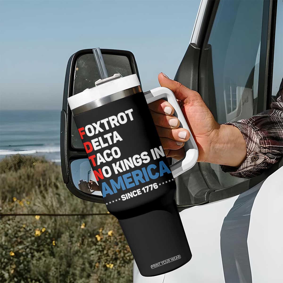 No Kings in America Since 1776 Tumbler With Handle Foxtrot Delta Taco Funny Patriotic Military Alphabet TS02 Print Your Wear