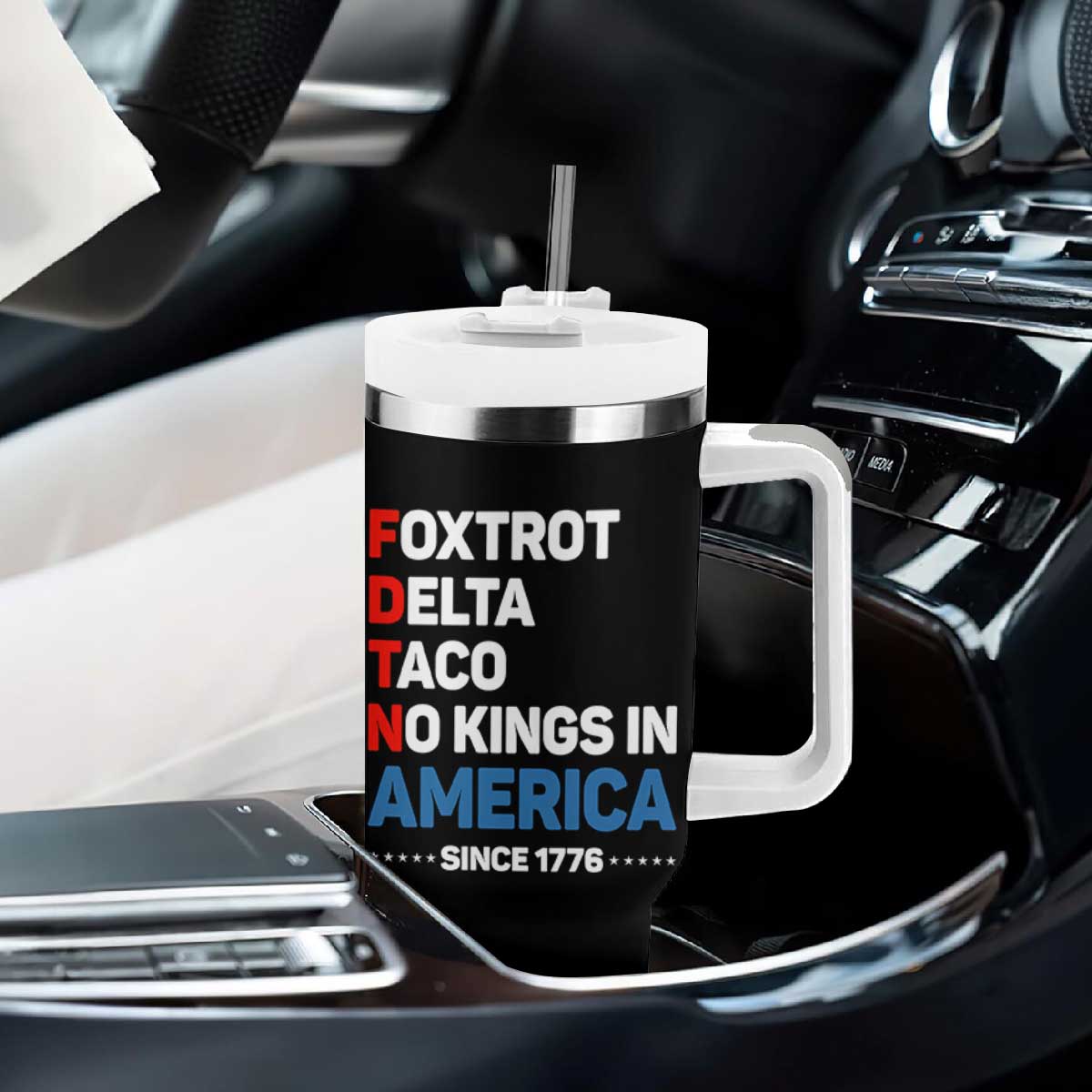No Kings in America Since 1776 Tumbler With Handle Foxtrot Delta Taco Funny Patriotic Military Alphabet TS02 Print Your Wear