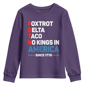 No Kings in America Since 1776 Youth Sweatshirt Foxtrot Delta Taco Funny Patriotic Military Alphabet TS02 Purple Print Your Wear