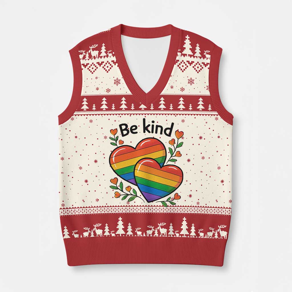 Be Kind Rainbow Heart V-Neck Knit Sweater Vest Spread Kindness LGBTQ Love Pride Month TS02 Beige Red Print Your Wear