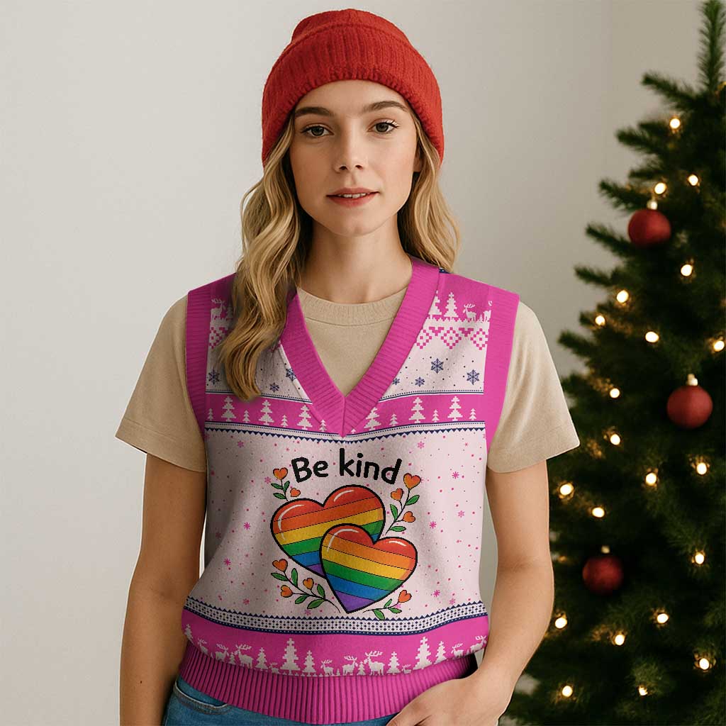 Be Kind Rainbow Heart V-Neck Knit Sweater Vest Spread Kindness LGBTQ Love Pride Month TS02 Hot Pink Print Your Wear