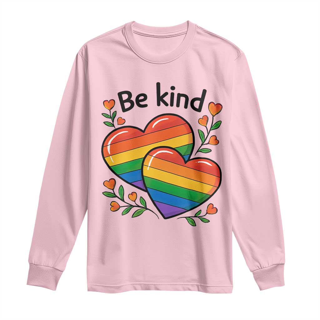 Be Kind Rainbow Heart Long Sleeve Shirt Spread Kindness LGBTQ Love Pride Month TS02 Light Pink Print Your Wear