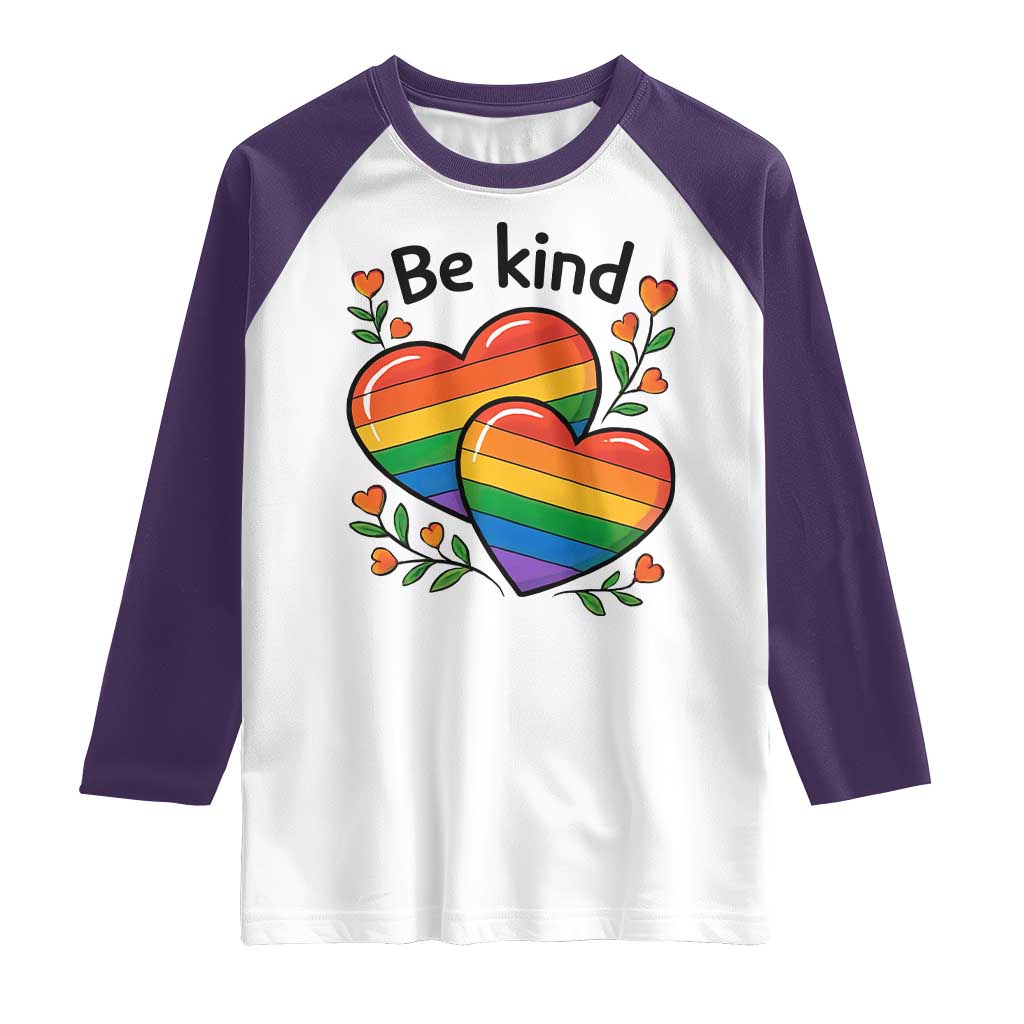 Be Kind Rainbow Heart Raglan Shirt Spread Kindness LGBTQ Love Pride Month TS02 White Purple Print Your Wear