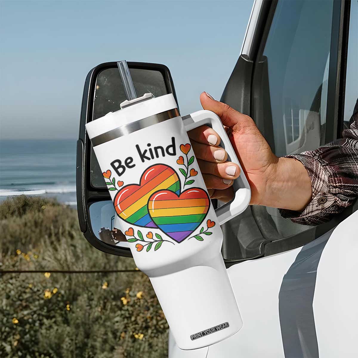 Be Kind Rainbow Heart Tumbler With Handle Spread Kindness LGBTQ Love Pride Month TS02 Print Your Wear