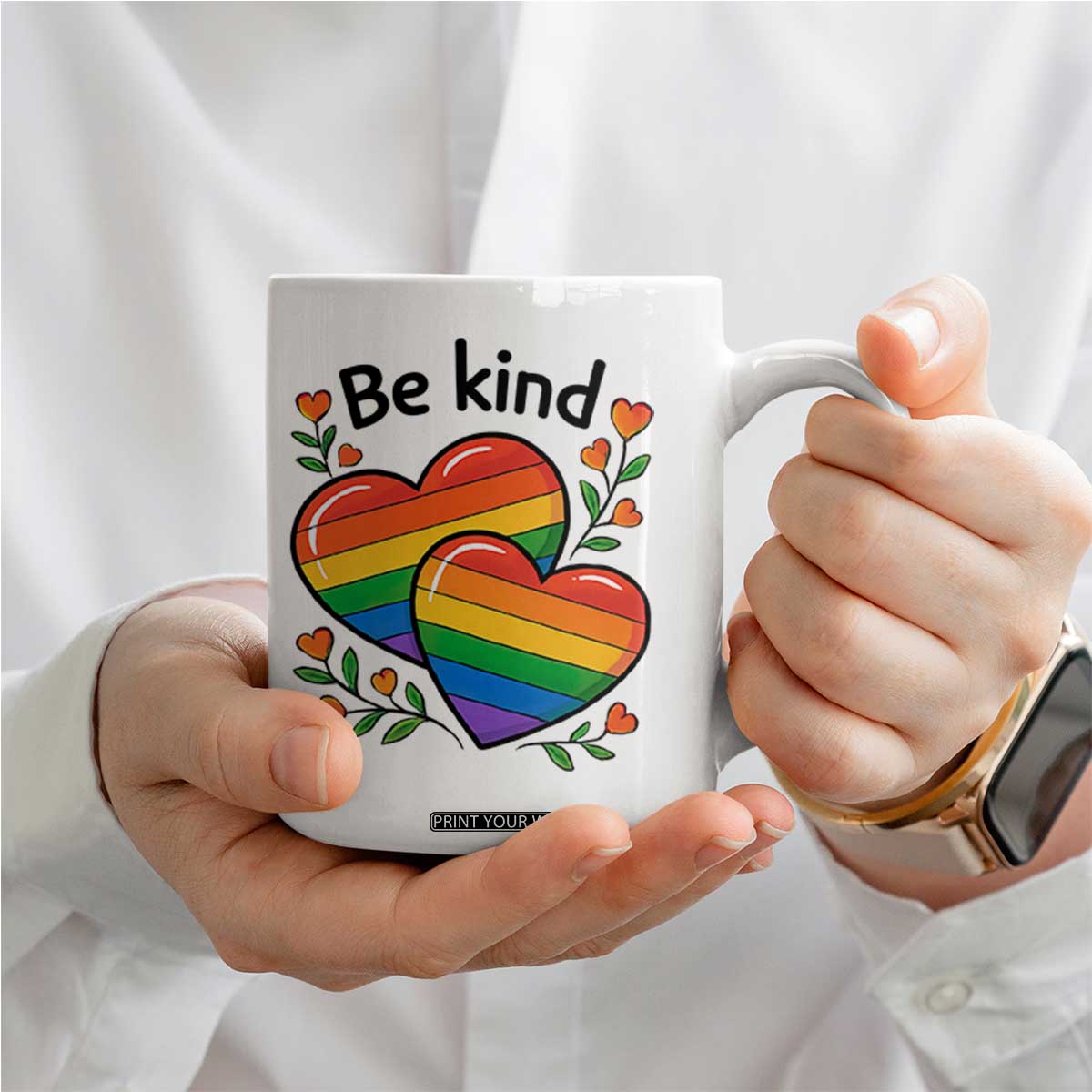 Be Kind Rainbow Heart Coffee Mug Spread Kindness LGBTQ Love Pride Month TS02 Print Your Wear