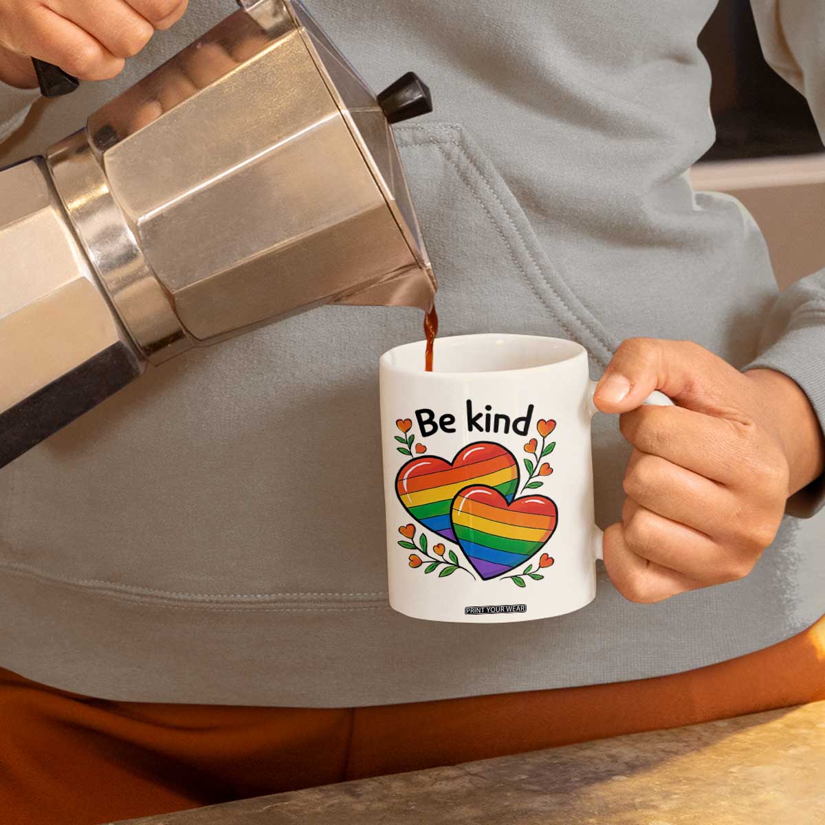 Be Kind Rainbow Heart Coffee Mug Spread Kindness LGBTQ Love Pride Month TS02 Print Your Wear