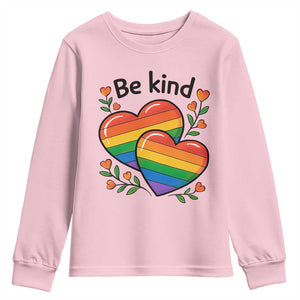 Be Kind Rainbow Heart Youth Sweatshirt Spread Kindness LGBTQ Love Pride Month TS02 Light Pink Print Your Wear