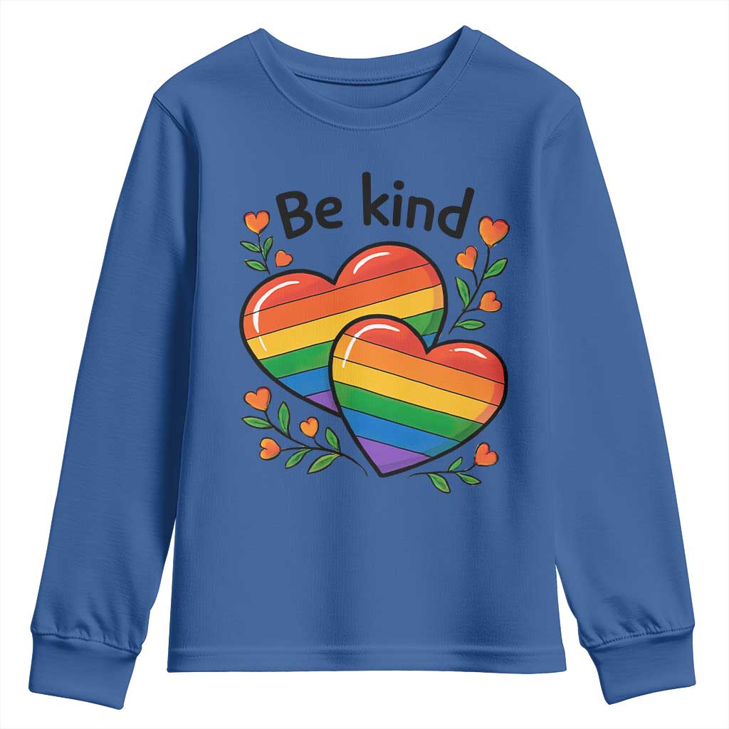 Be Kind Rainbow Heart Youth Sweatshirt Spread Kindness LGBTQ Love Pride Month TS02 Royal Blue Print Your Wear