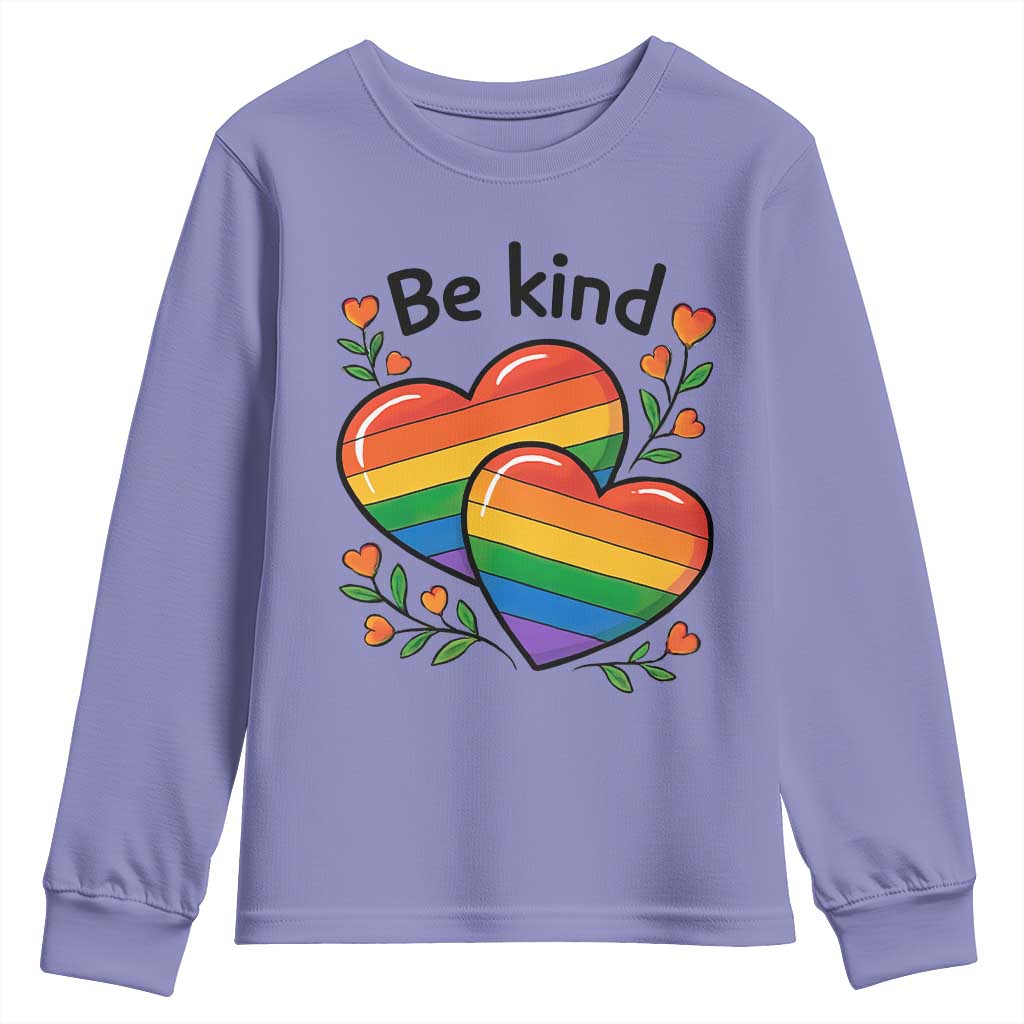 Be Kind Rainbow Heart Youth Sweatshirt Spread Kindness LGBTQ Love Pride Month TS02 Violet Print Your Wear