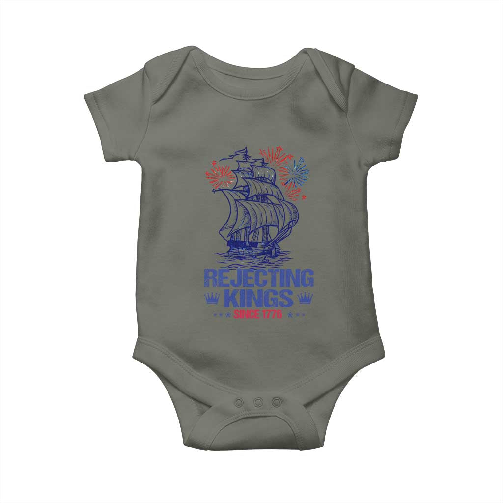 Rejecting Kings Since 1776 Baby Onesie Vintage Patriotic Ship 4th Of July Fireworks TS02 Military Green Print Your Wear