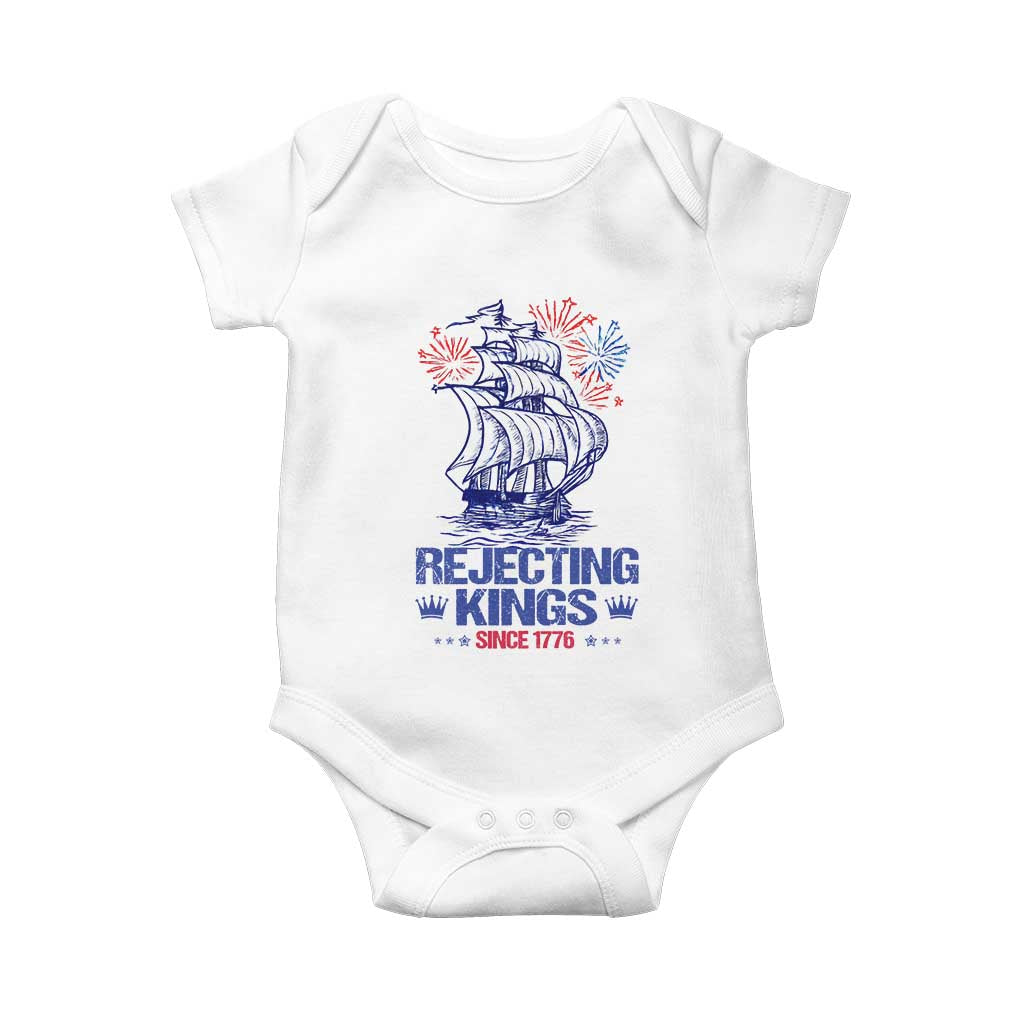 Rejecting Kings Since 1776 Baby Onesie Vintage Patriotic Ship 4th Of July Fireworks TS02 White Print Your Wear
