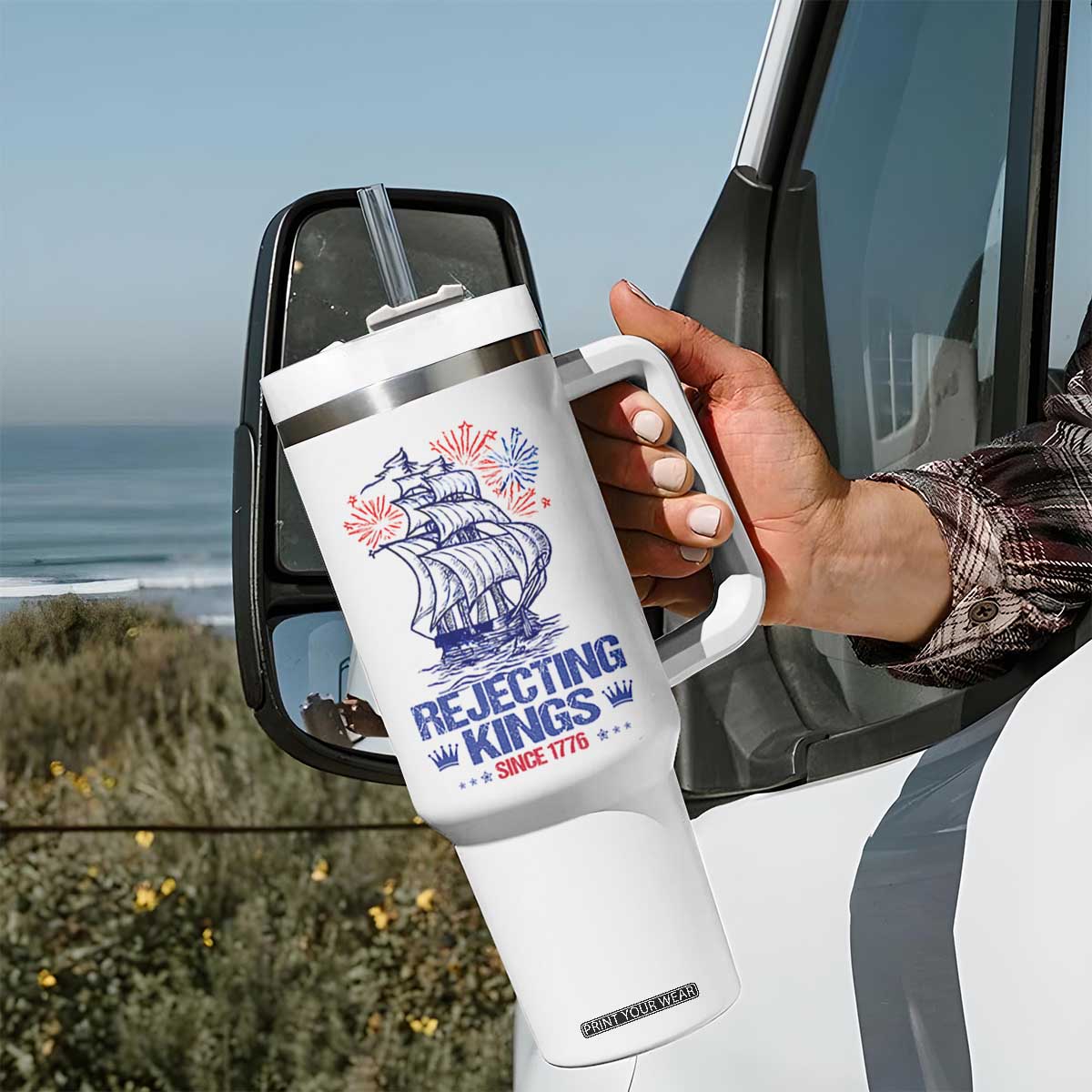 Rejecting Kings Since 1776 Tumbler With Handle Vintage Patriotic Ship 4th Of July Fireworks TS02 Print Your Wear