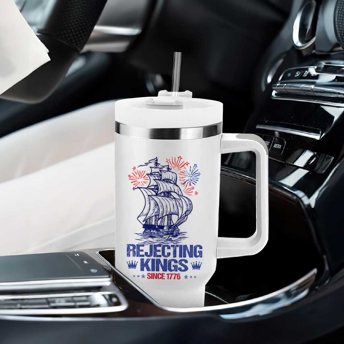 Rejecting Kings Since 1776 Tumbler With Handle Vintage Patriotic Ship 4th Of July Fireworks TS02 Print Your Wear