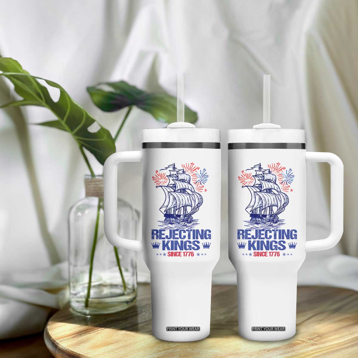 Rejecting Kings Since 1776 Tumbler With Handle Vintage Patriotic Ship 4th Of July Fireworks TS02 Print Your Wear