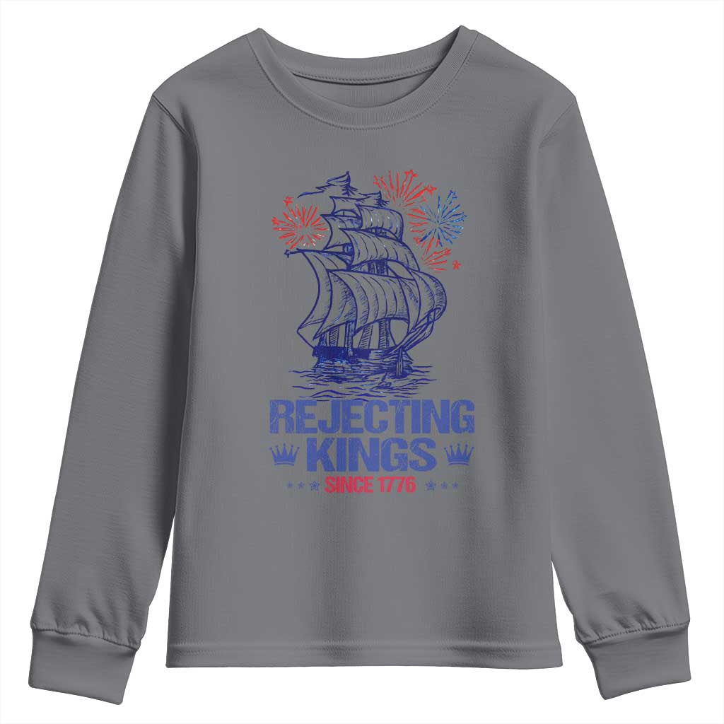 Rejecting Kings Since 1776 Youth Sweatshirt Vintage Patriotic Ship 4th Of July Fireworks TS02 Charcoal Print Your Wear