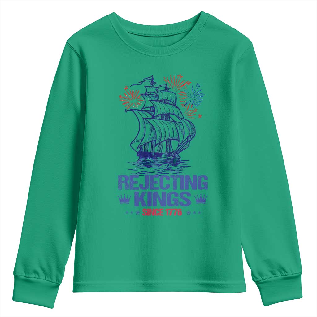Rejecting Kings Since 1776 Youth Sweatshirt Vintage Patriotic Ship 4th Of July Fireworks TS02 Irish Green Print Your Wear