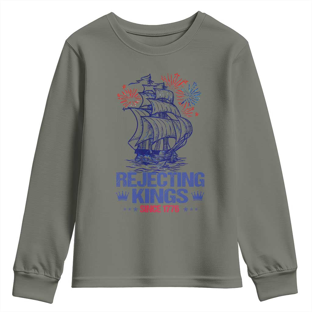 Rejecting Kings Since 1776 Youth Sweatshirt Vintage Patriotic Ship 4th Of July Fireworks TS02 Military Green Print Your Wear