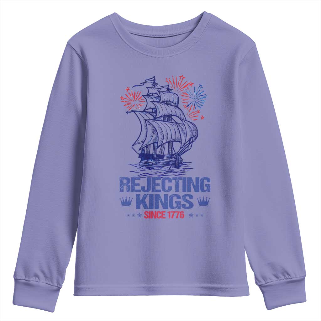 Rejecting Kings Since 1776 Youth Sweatshirt Vintage Patriotic Ship 4th Of July Fireworks TS02 Violet Print Your Wear