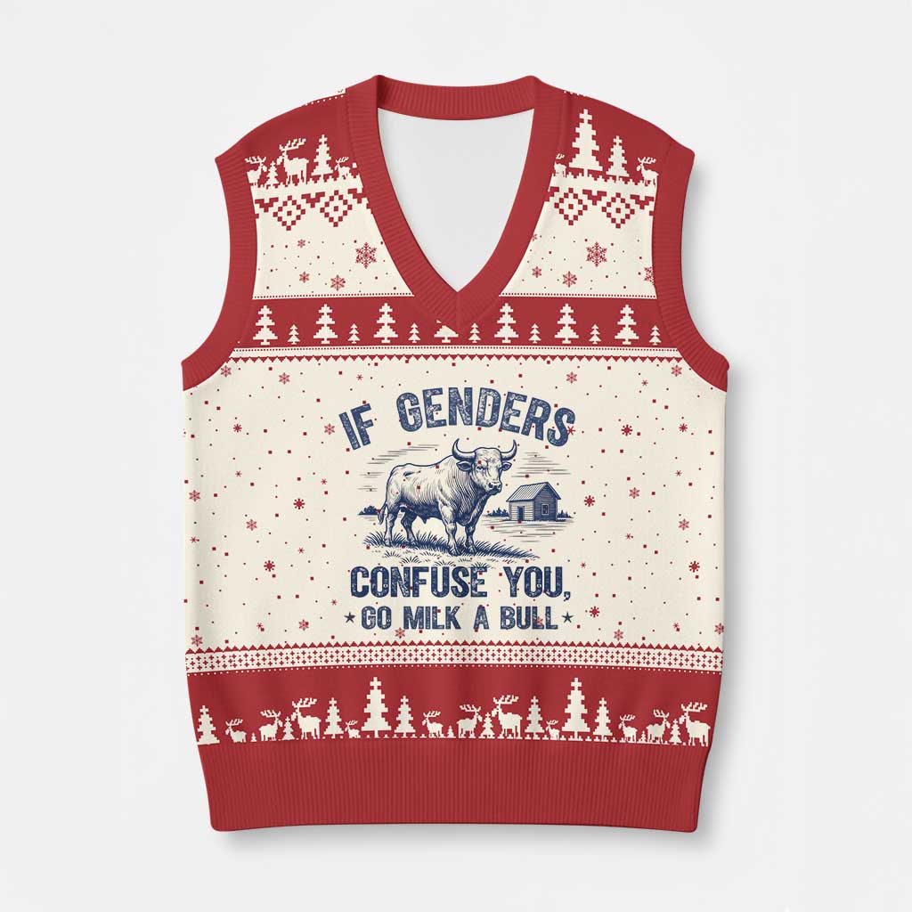 If Genders Confuse You Go Milk a Bull V-Neck Knit Sweater Vest Sarcastic Country Humor TS02 Beige Red Print Your Wear