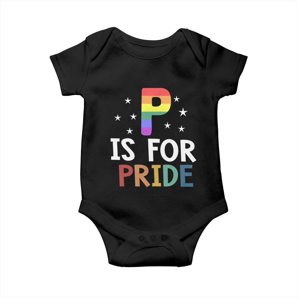P is for Pride Baby Onesie Funny Rainbow Alphabet Celebrating LGBTQ+ Identity TS02 Black Print Your Wear