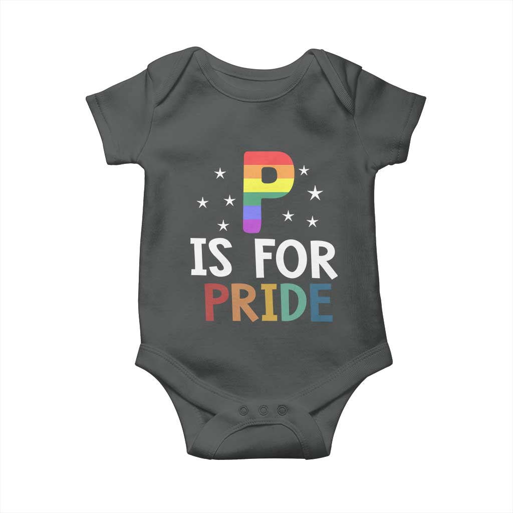 P is for Pride Baby Onesie Funny Rainbow Alphabet Celebrating LGBTQ+ Identity TS02 Dark Heather Print Your Wear