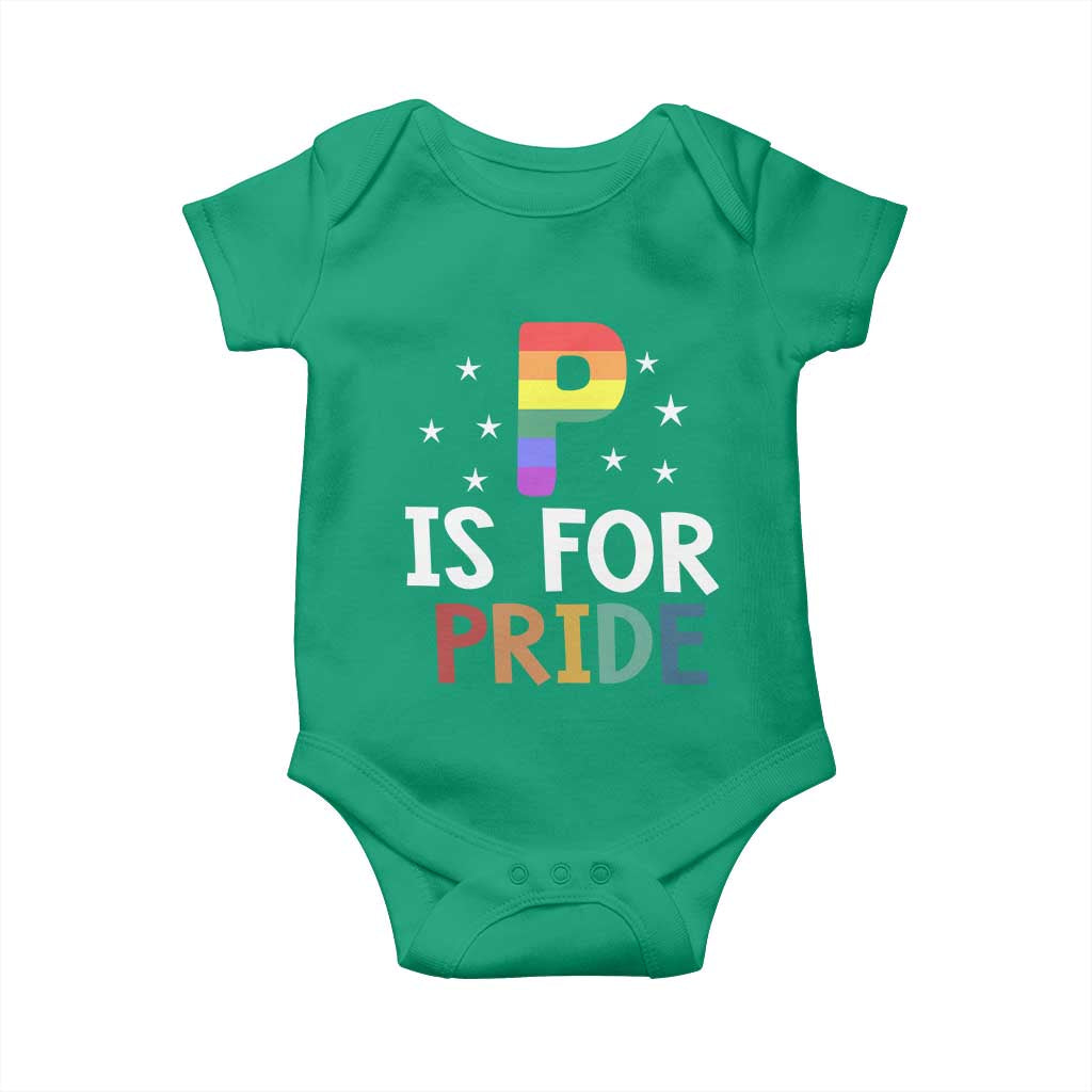 P is for Pride Baby Onesie Funny Rainbow Alphabet Celebrating LGBTQ+ Identity TS02 Irish Green Print Your Wear