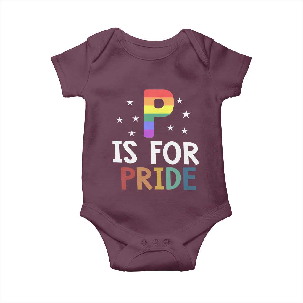 P is for Pride Baby Onesie Funny Rainbow Alphabet Celebrating LGBTQ+ Identity TS02 Maroon Print Your Wear