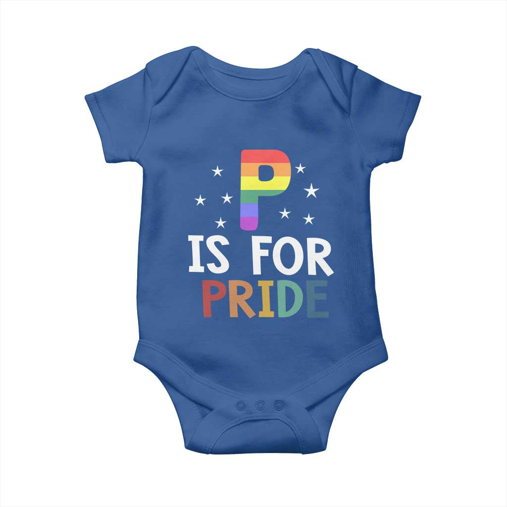 P is for Pride Baby Onesie Funny Rainbow Alphabet Celebrating LGBTQ+ Identity TS02 Royal Blue Print Your Wear