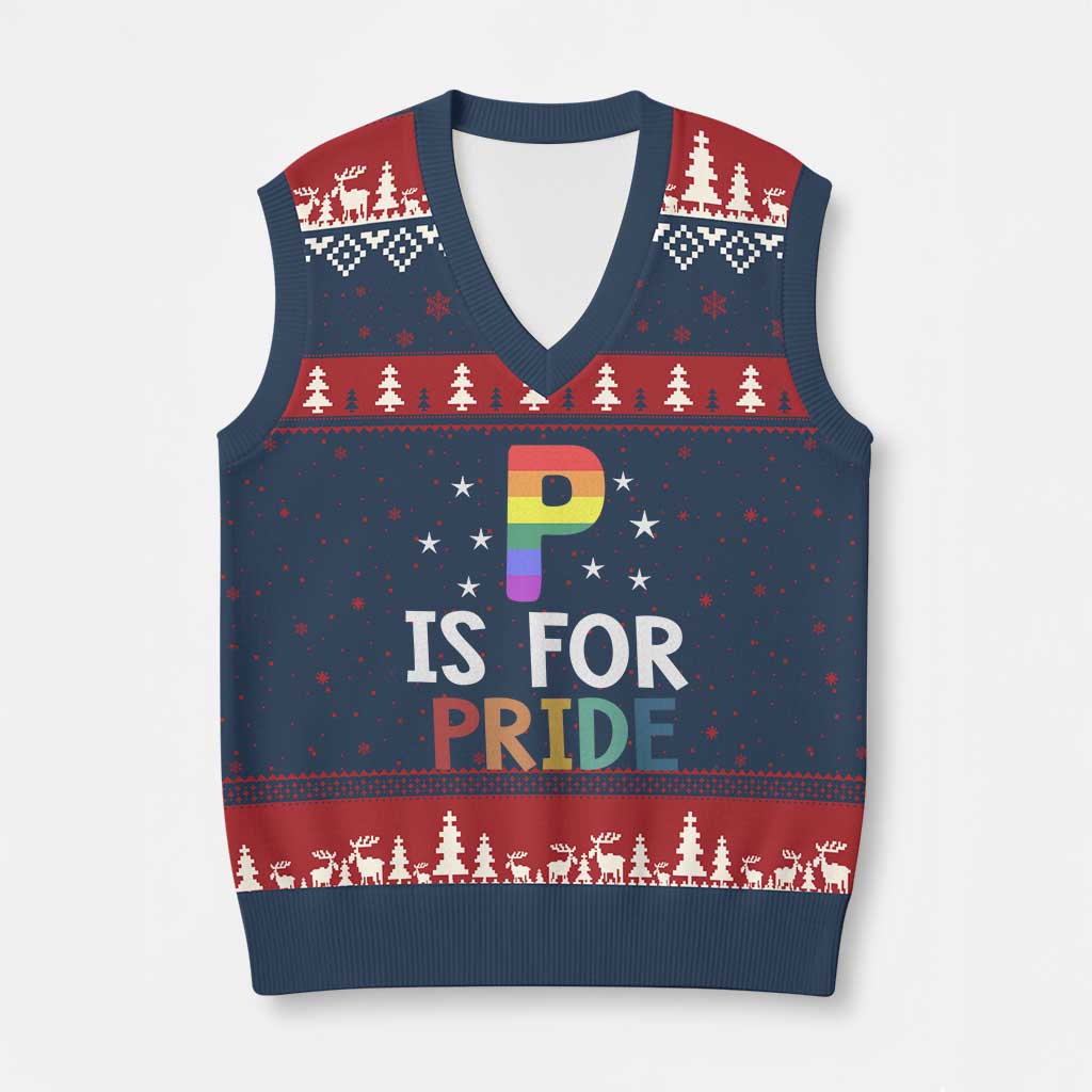 P is for Pride V-Neck Knit Sweater Vest Funny Rainbow Alphabet Celebrating LGBTQ+ Identity TS02 Navy Red Print Your Wear