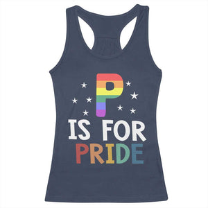 P is for Pride Racerback Tank Top Funny Rainbow Alphabet Celebrating LGBTQ+ Identity TS02 Navy Print Your Wear