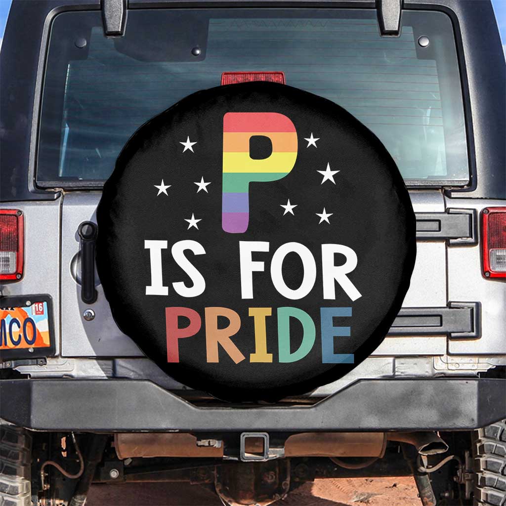 P is for Pride Spare Tire Cover Funny Rainbow Alphabet Celebrating LGBTQ+ Identity TS02 No hole Black Print Your Wear