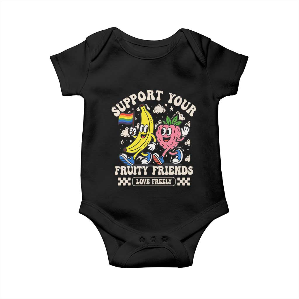 Support Your Fruity Friends Baby Onesie Retro Cute Banana and Berry LGBT Pride Support TS02 Black Print Your Wear