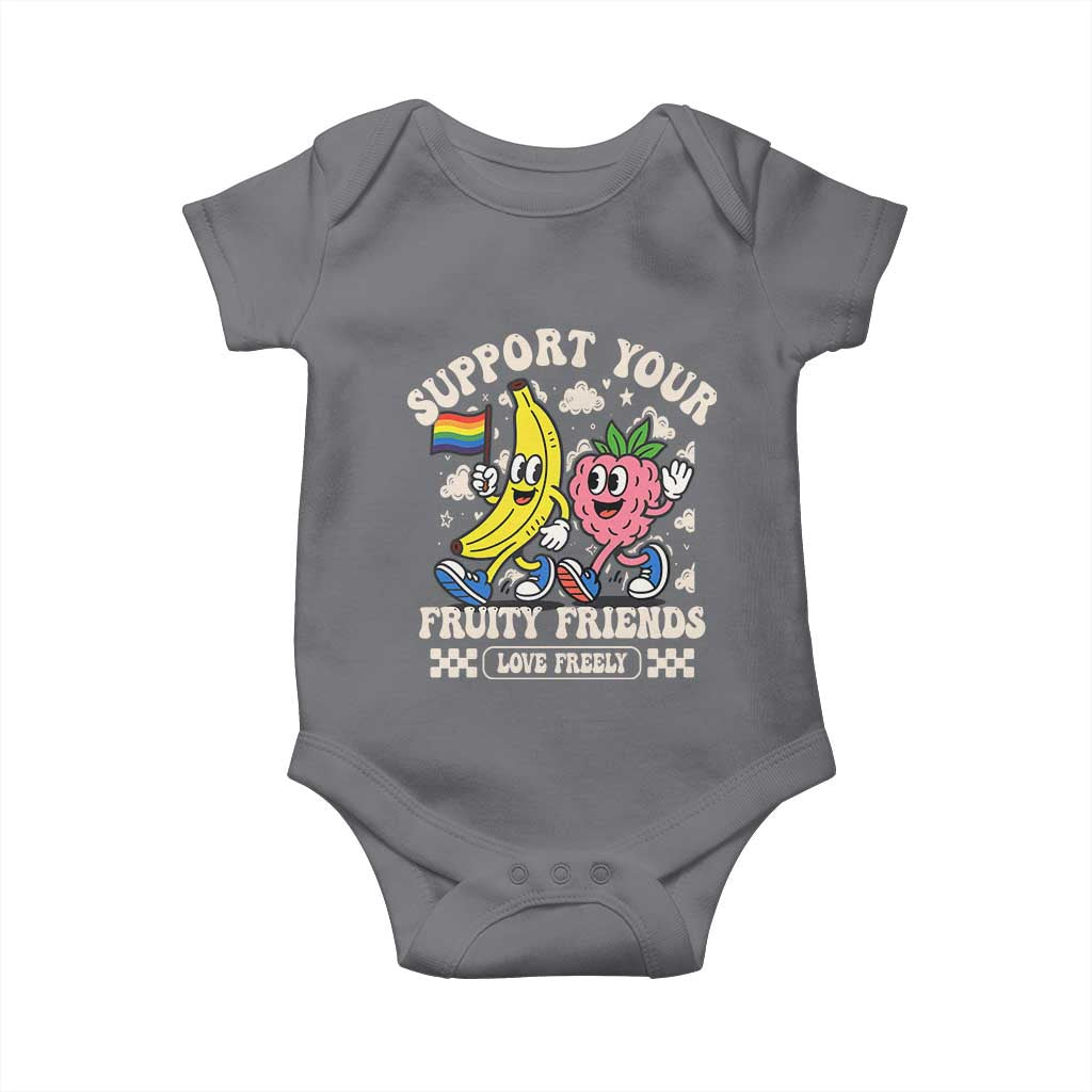 Support Your Fruity Friends Baby Onesie Retro Cute Banana and Berry LGBT Pride Support TS02 Charcoal Print Your Wear