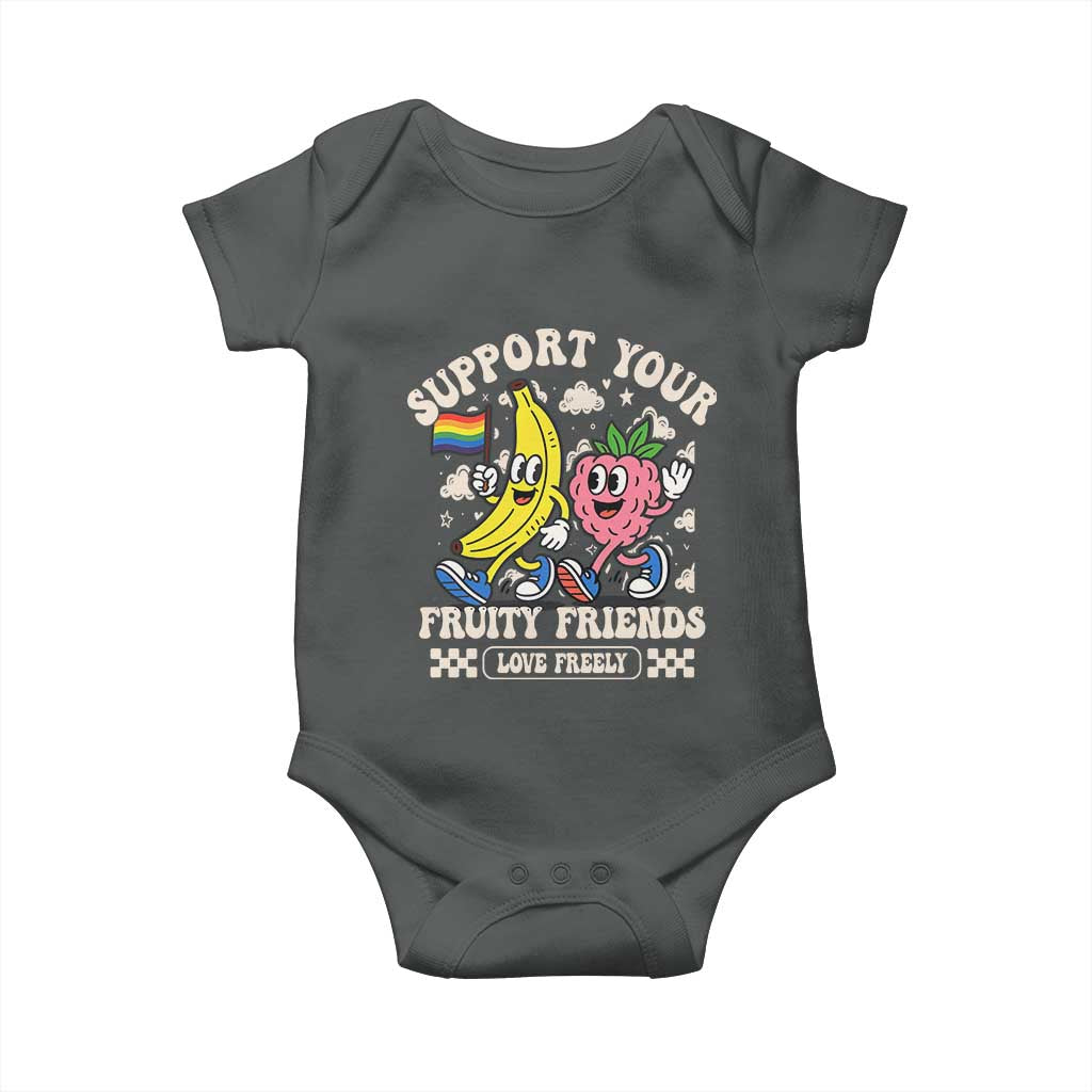 Support Your Fruity Friends Baby Onesie Retro Cute Banana and Berry LGBT Pride Support TS02 Dark Heather Print Your Wear