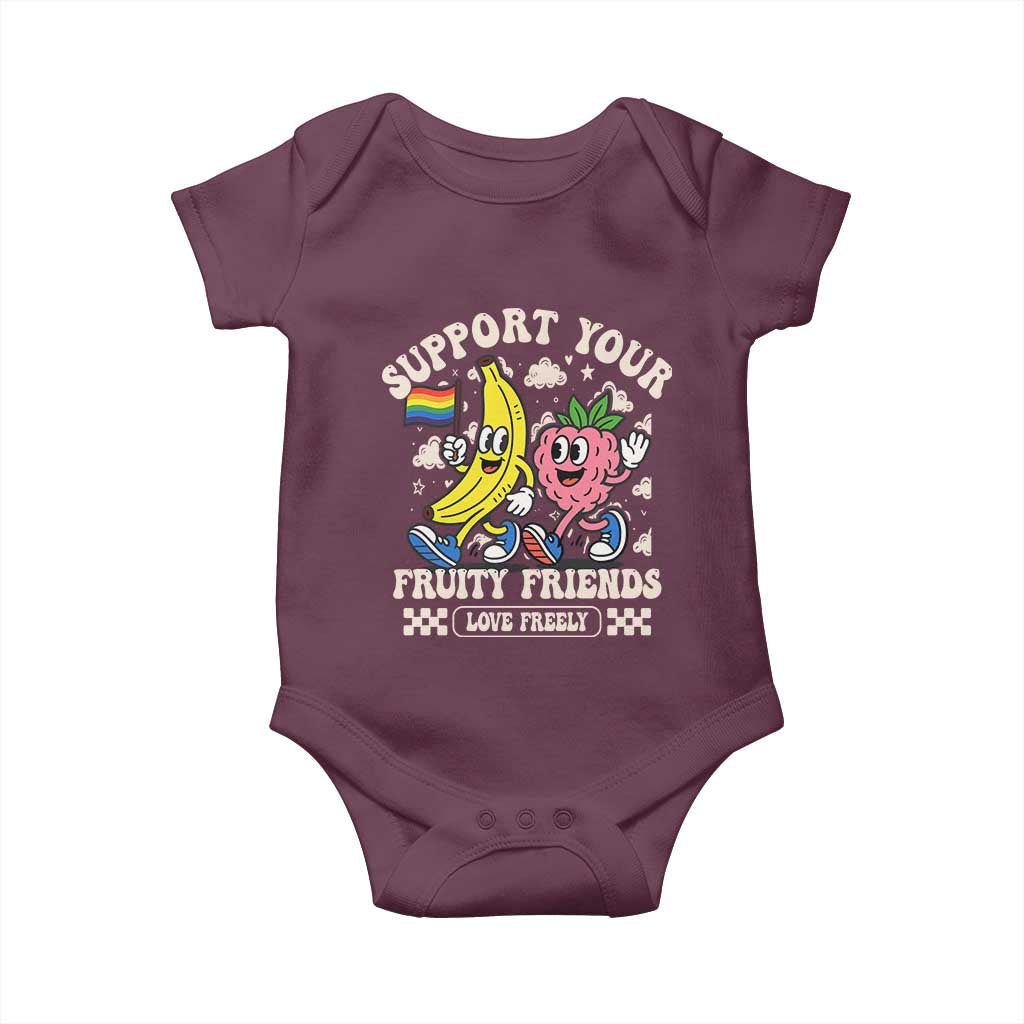 Support Your Fruity Friends Baby Onesie Retro Cute Banana and Berry LGBT Pride Support TS02 Maroon Print Your Wear