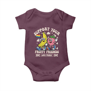 Support Your Fruity Friends Baby Onesie Retro Cute Banana and Berry LGBT Pride Support TS02 Maroon Print Your Wear