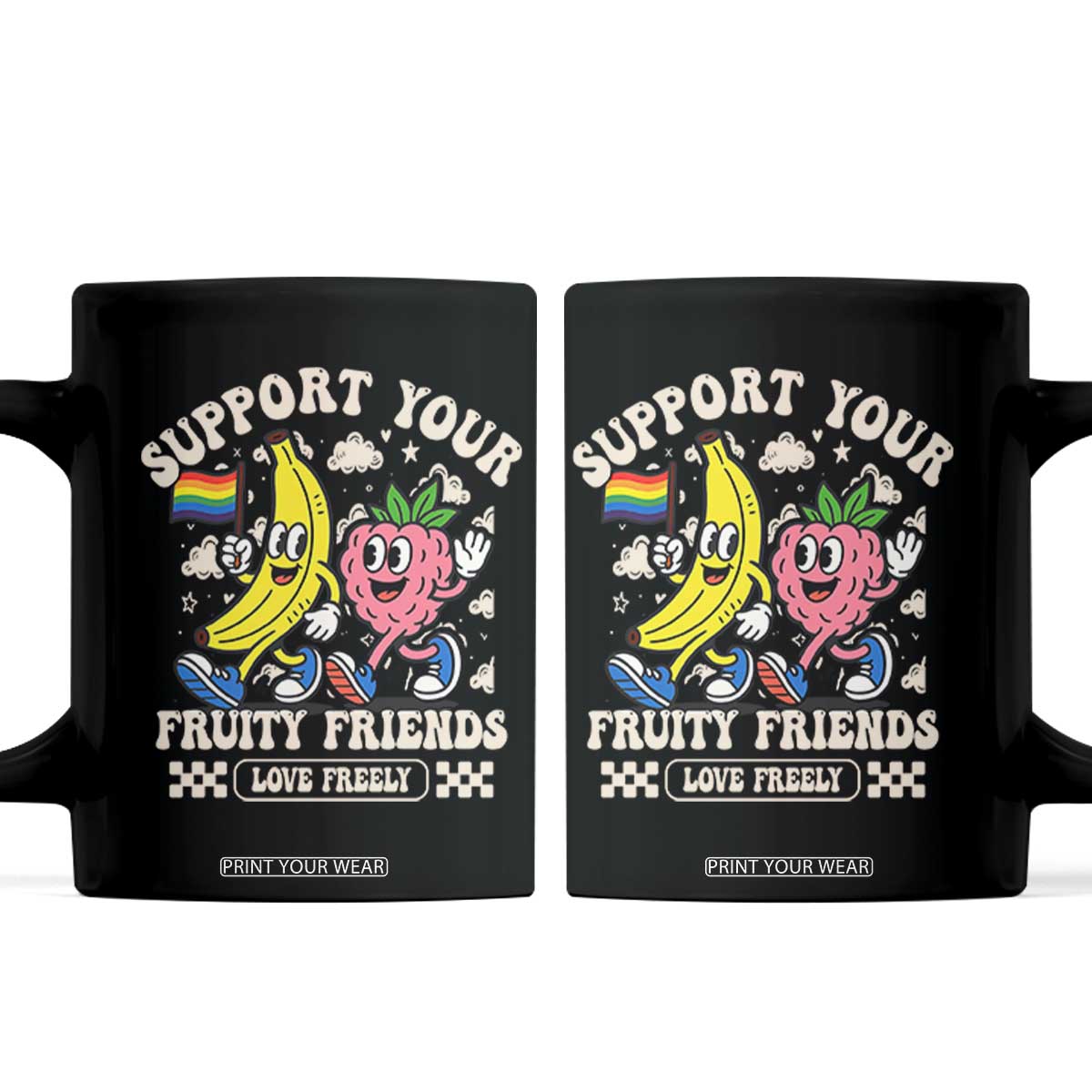 Support Your Fruity Friends Coffee Mug Retro Cute Banana and Berry LGBT Pride Support TS02 Black Print Your Wear