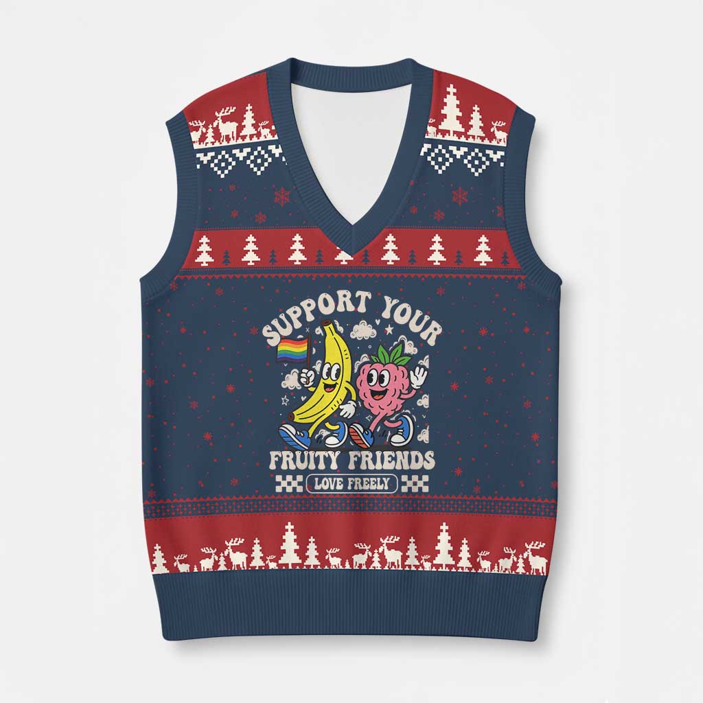 Support Your Fruity Friends V-Neck Knit Sweater Vest Retro Cute Banana and Berry LGBT Pride Support TS02 Navy Red Print Your Wear