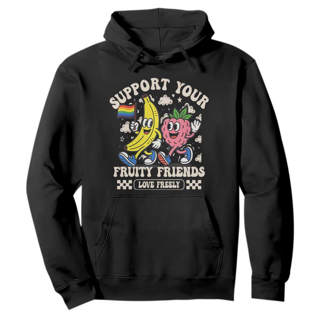Support Your Fruity Friends Hoodie Retro Cute Banana and Berry LGBT Pride Support TS02 Black Print Your Wear