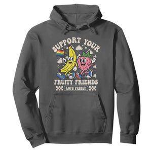 Support Your Fruity Friends Hoodie Retro Cute Banana and Berry LGBT Pride Support TS02 Dark Heather Print Your Wear