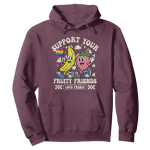 Support Your Fruity Friends Hoodie Retro Cute Banana and Berry LGBT Pride Support TS02 Maroon Print Your Wear