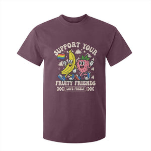 Support Your Fruity Friends T Shirt For Kid Retro Cute Banana and Berry LGBT Pride Support TS02 Maroon Print Your Wear