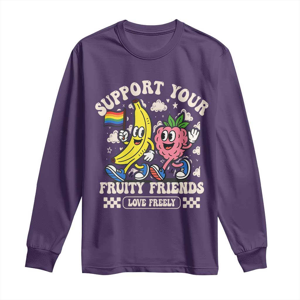 Support Your Fruity Friends Long Sleeve Shirt Retro Cute Banana and Berry LGBT Pride Support TS02 Purple Print Your Wear