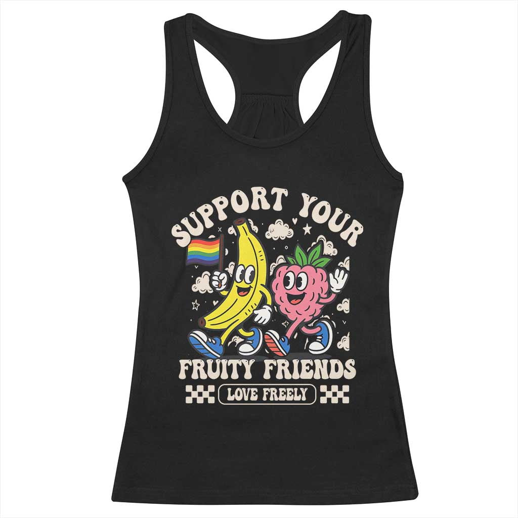 Support Your Fruity Friends Racerback Tank Top Retro Cute Banana and Berry LGBT Pride Support TS02 Black Print Your Wear