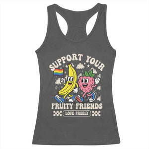 Support Your Fruity Friends Racerback Tank Top Retro Cute Banana and Berry LGBT Pride Support TS02 Dark Heather Print Your Wear