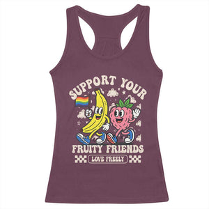 Support Your Fruity Friends Racerback Tank Top Retro Cute Banana and Berry LGBT Pride Support TS02 Maroon Print Your Wear
