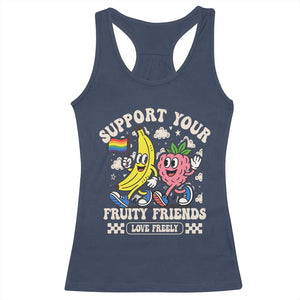 Support Your Fruity Friends Racerback Tank Top Retro Cute Banana and Berry LGBT Pride Support TS02 Navy Print Your Wear